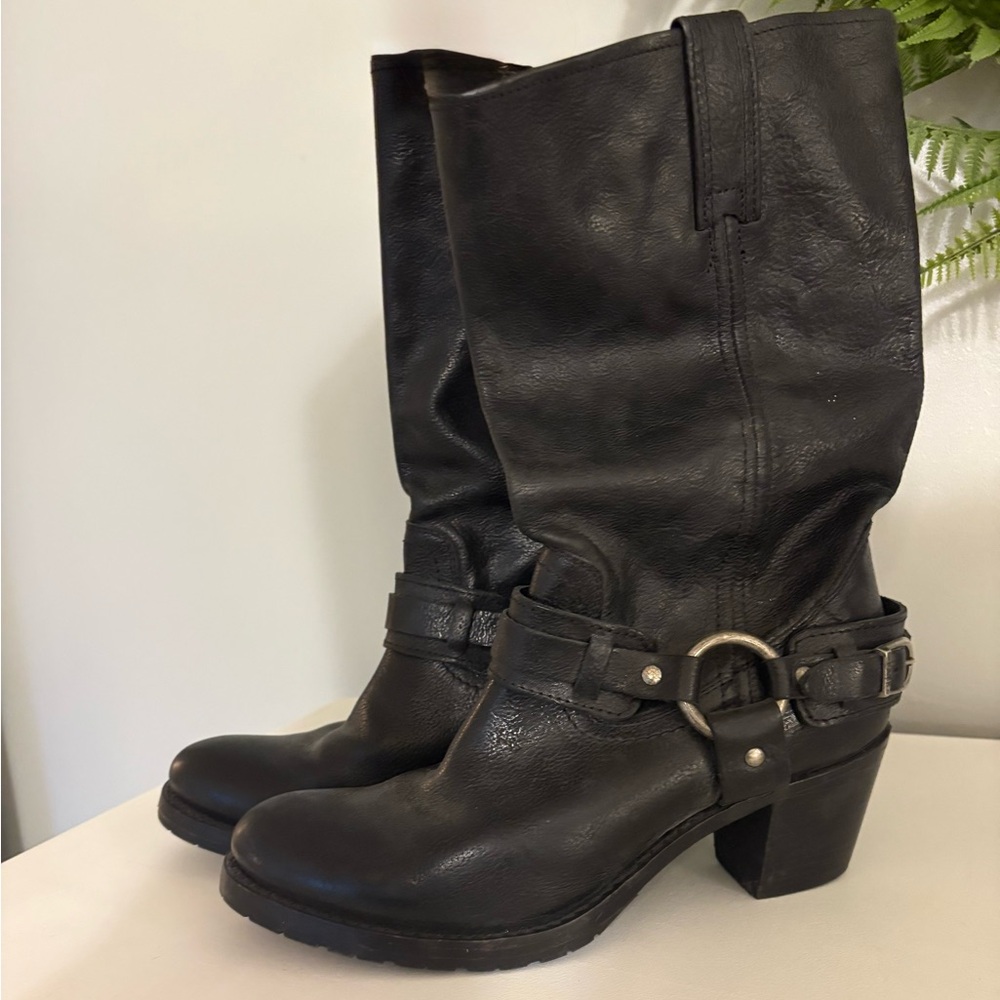 FRYE Black Heeled Boots with Harness Detail